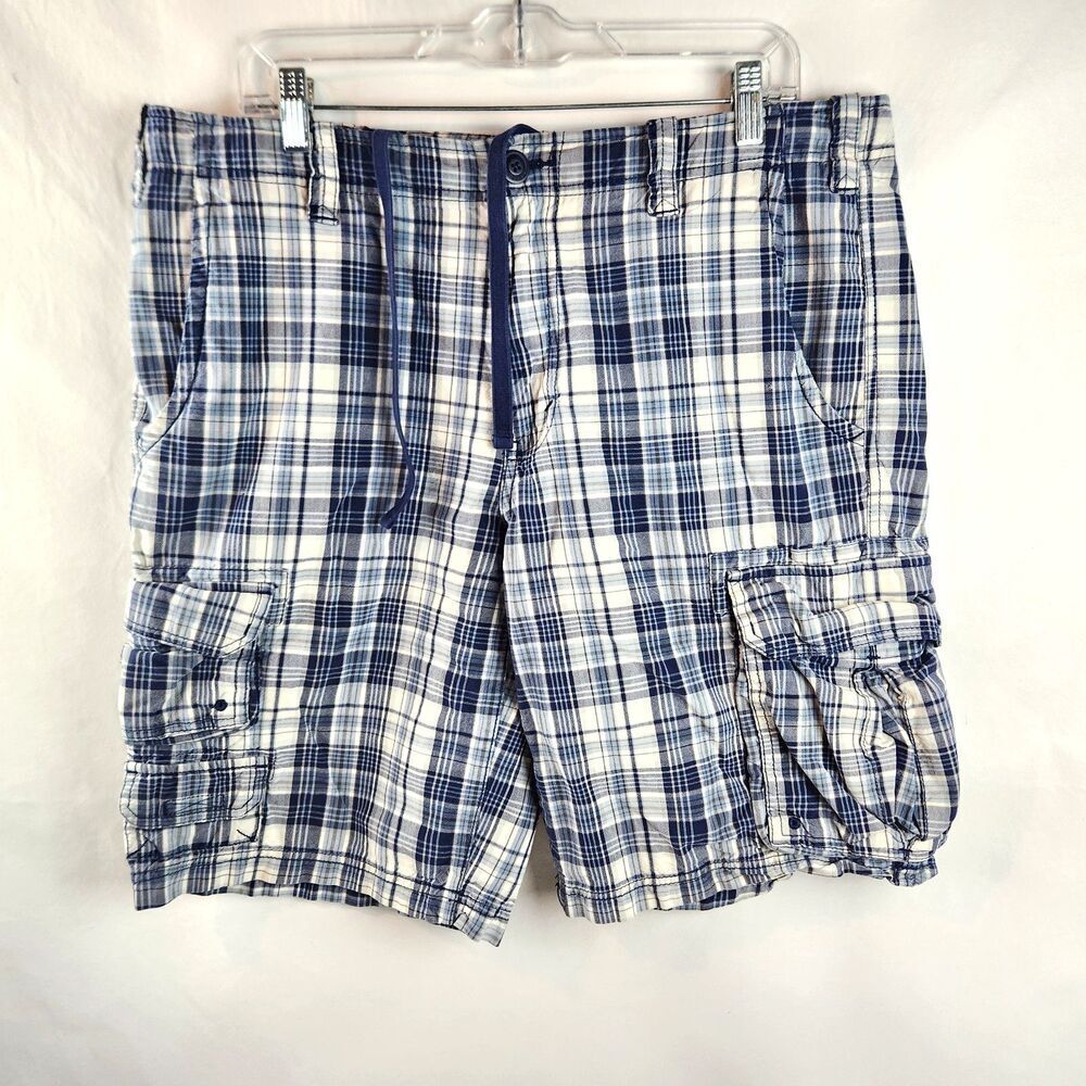 Eddie Bauer Cargo Shorts Mens 36 Blue Plaid Cotton Outdoor Hiking Casual Utility